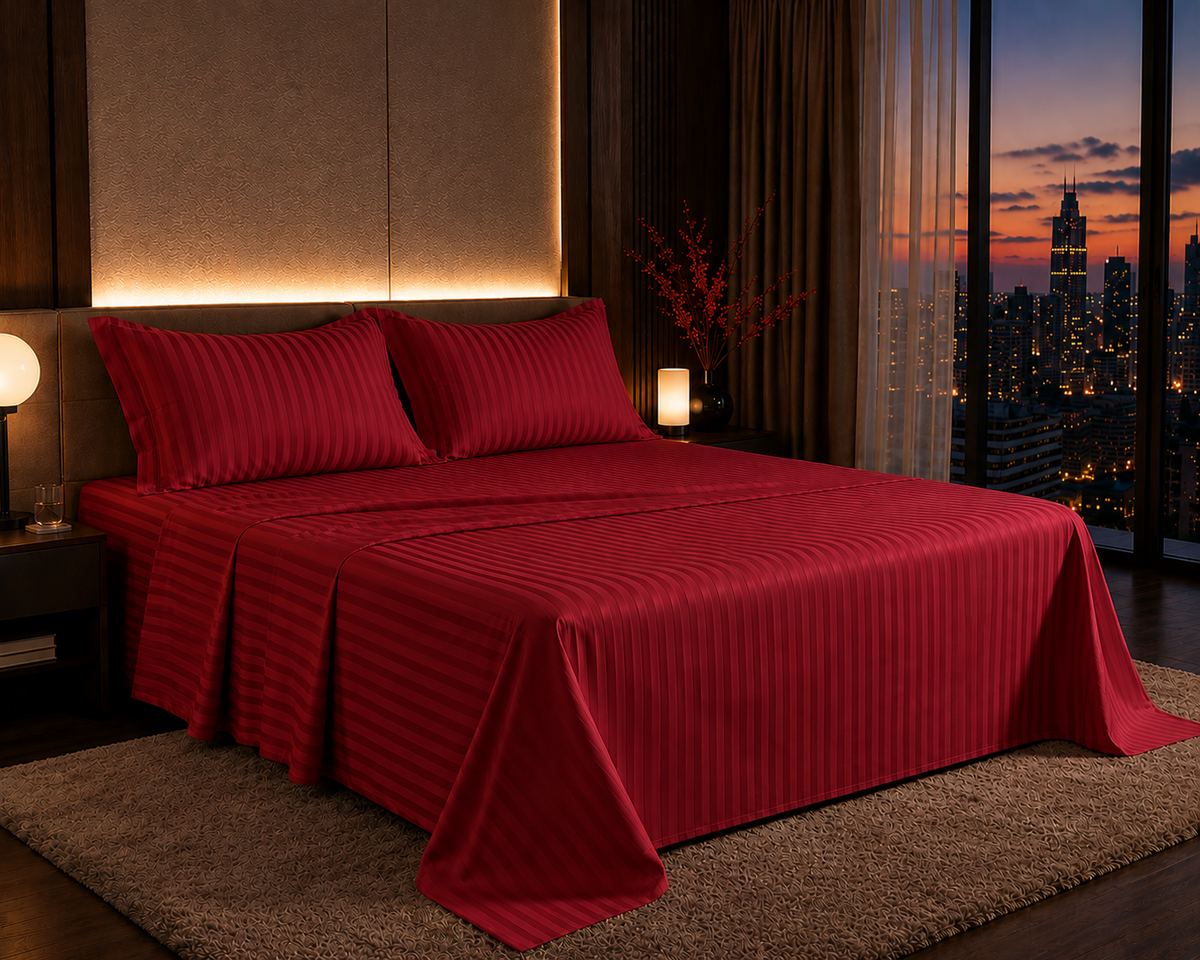 Dreamr Premium Hotel Stripe Fitted Bedsheet Set - Classic Red