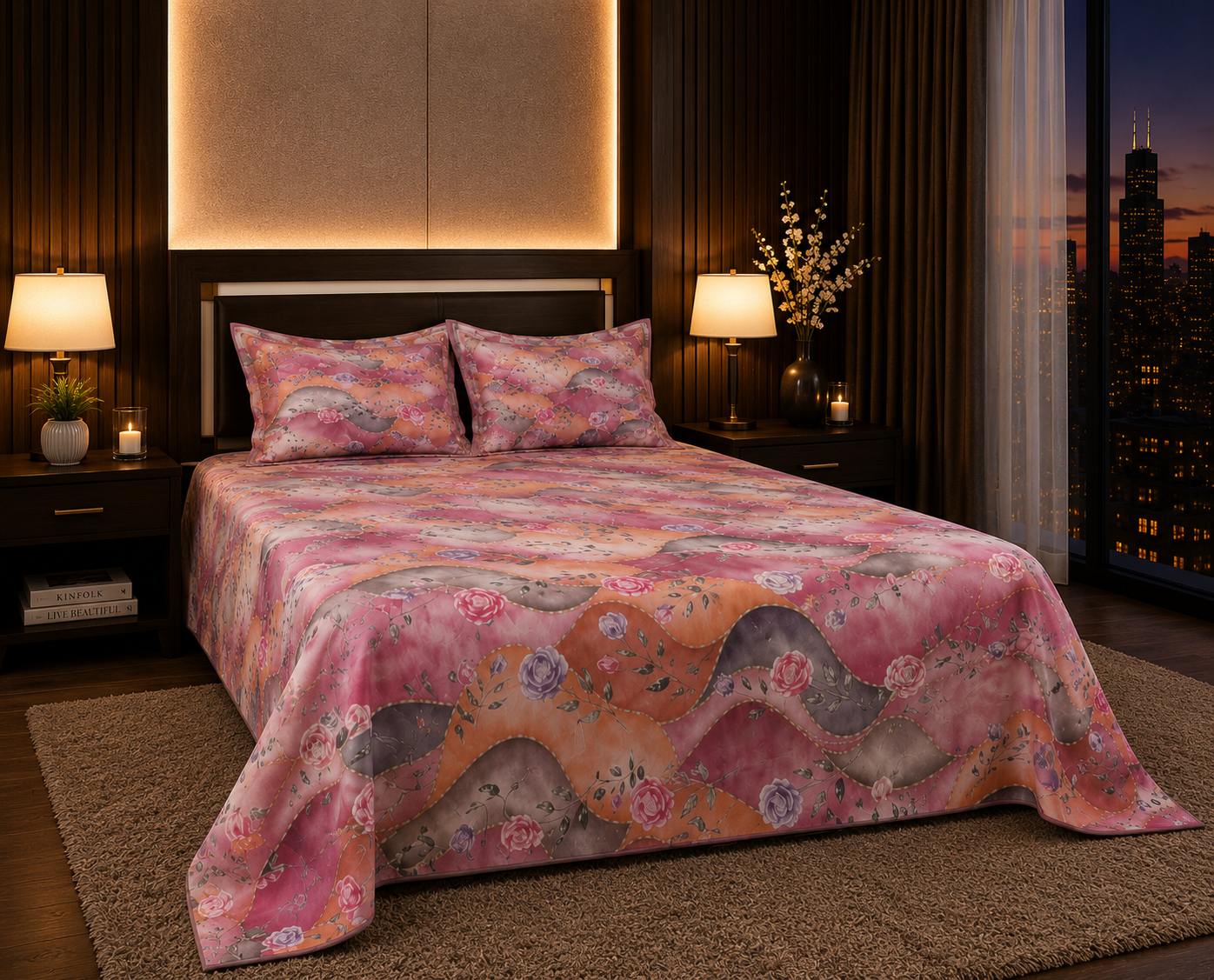 Dreamr Pink Wave Floral Premium Fitted Bedsheet Set