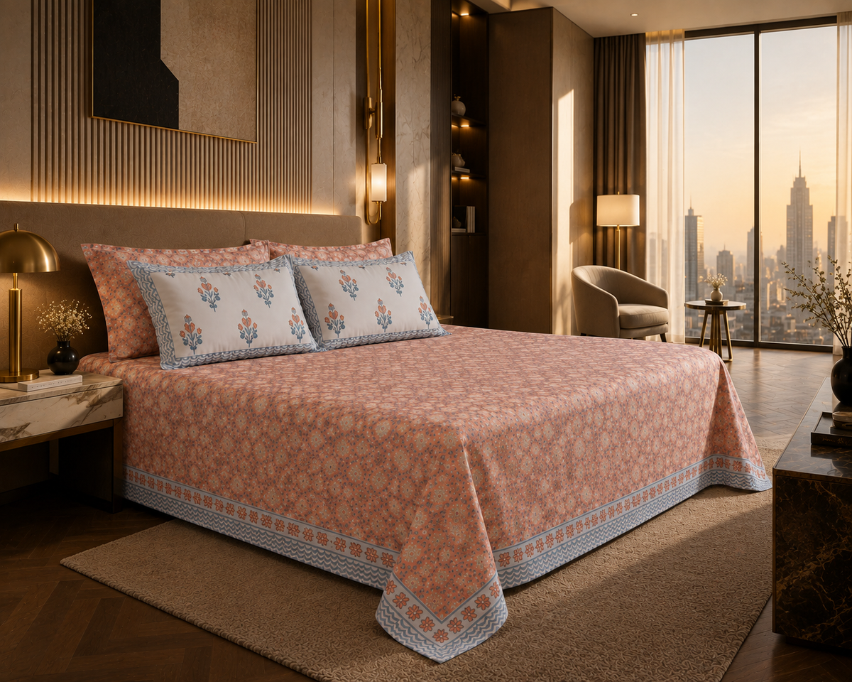 Rosewood Garden Handblock Percale Cotton Bedsheet Set