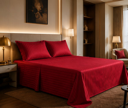 Dreamr Premium Hotel Stripe Fitted Bedsheet Set - Classic Red