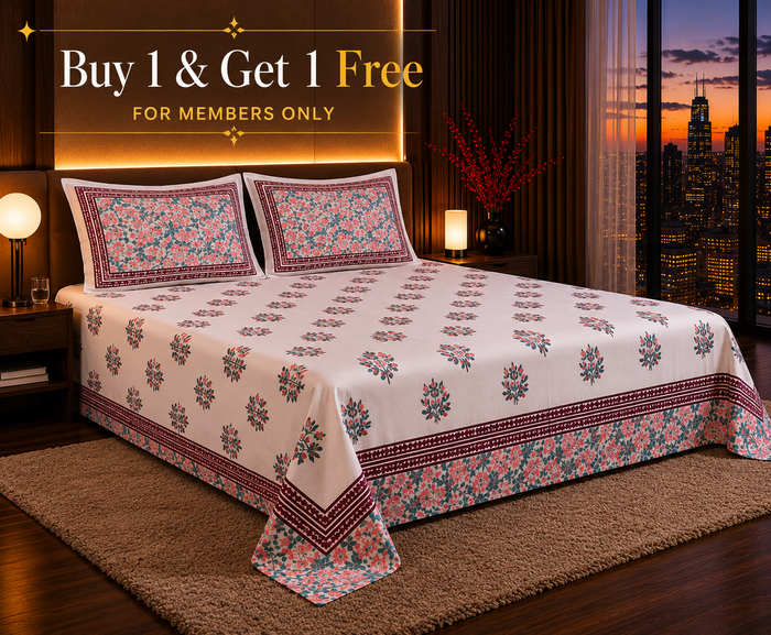 Dreamr Pink Orchard Jaipuri Pure South Cotton Flat Bedsheet Set - Pink Orchard