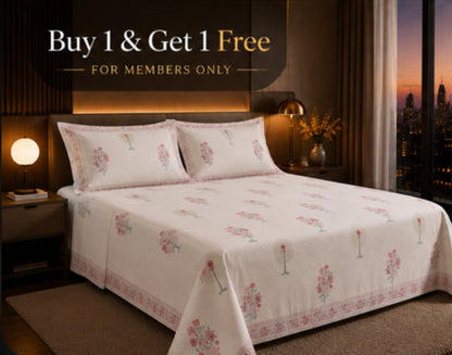 Blush Meadow Handblock Percale Cotton Bedsheet Set