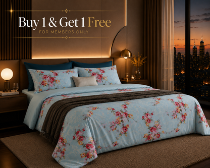 Dreamr Blue Floral Garden Premium Fitted Bedsheet Set