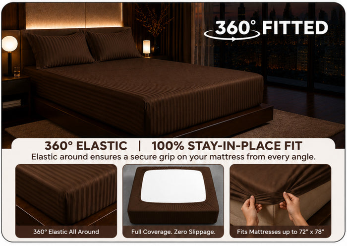 Dreamr Premium Hotel Stripe Fitted Bedsheet Set - Cocoa Brown