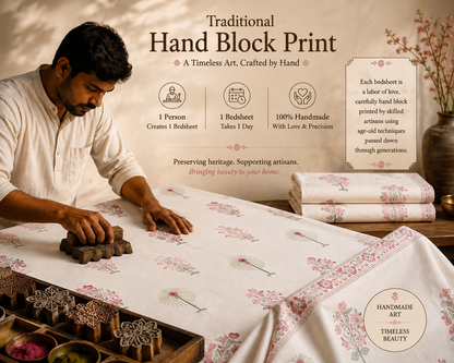 Blush Meadow Handblock Percale Cotton Bedsheet Set