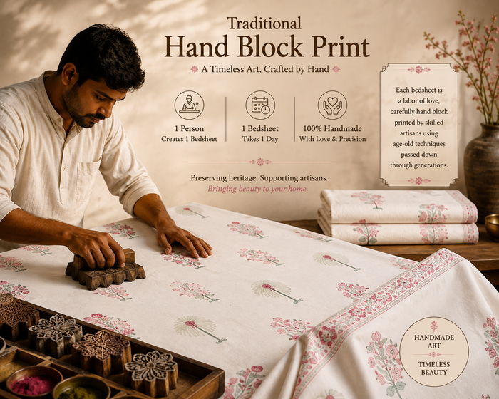 Blush Meadow Handblock Percale Cotton Bedsheet Set