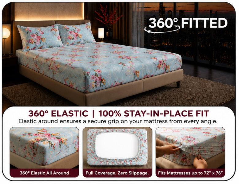 Dreamr Blue Floral Garden Premium Fitted Bedsheet Set