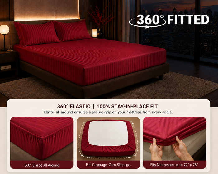 Dreamr Premium Hotel Stripe Fitted Bedsheet Set - Classic Red