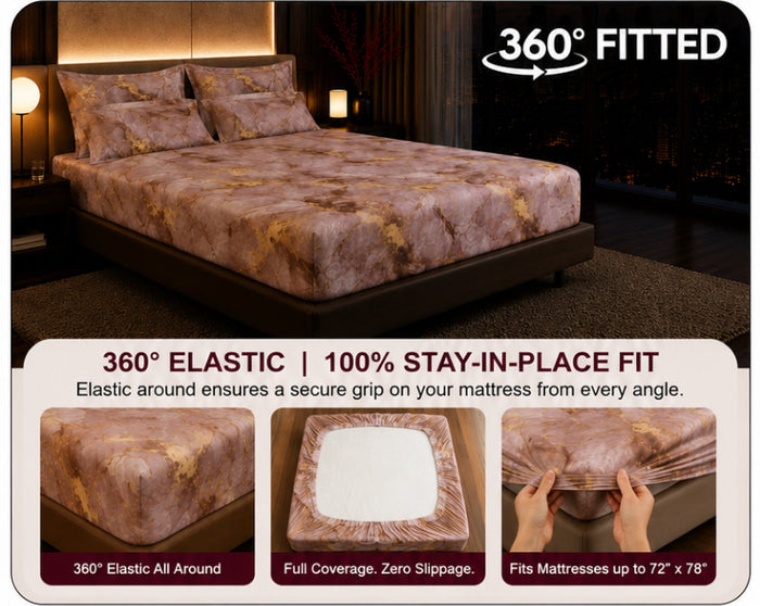 Dreamr Rose Gold Marble Premium Fitted Bedsheet Set