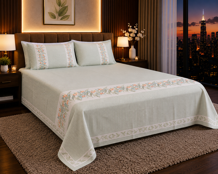 Dreamr Sage Meadow Jaipuri Pure South Cotton Flat Bedsheet Set - Sage Green