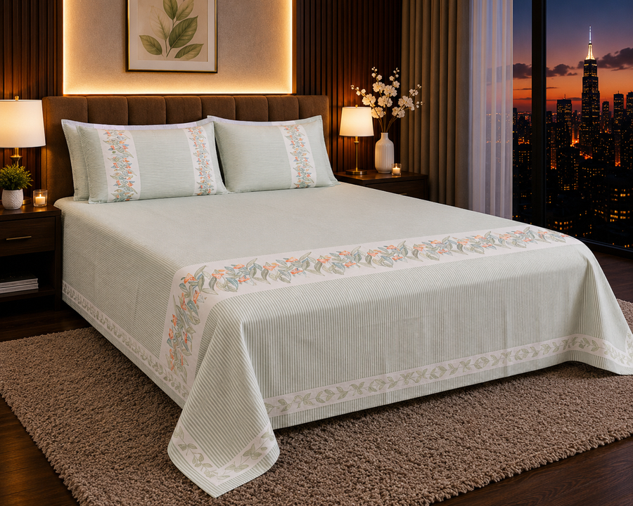 Dreamr Sage Meadow Jaipuri Pure South Cotton Flat Bedsheet Set - Sage Green