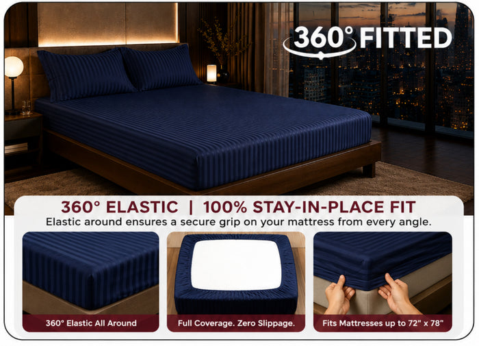 Dreamr Premium Hotel Stripe Fitted Bedsheet Set - Royal Blue