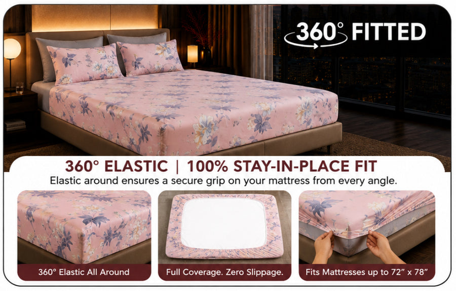 Dreamr Pink Blossom Premium Fitted Bedsheet Set