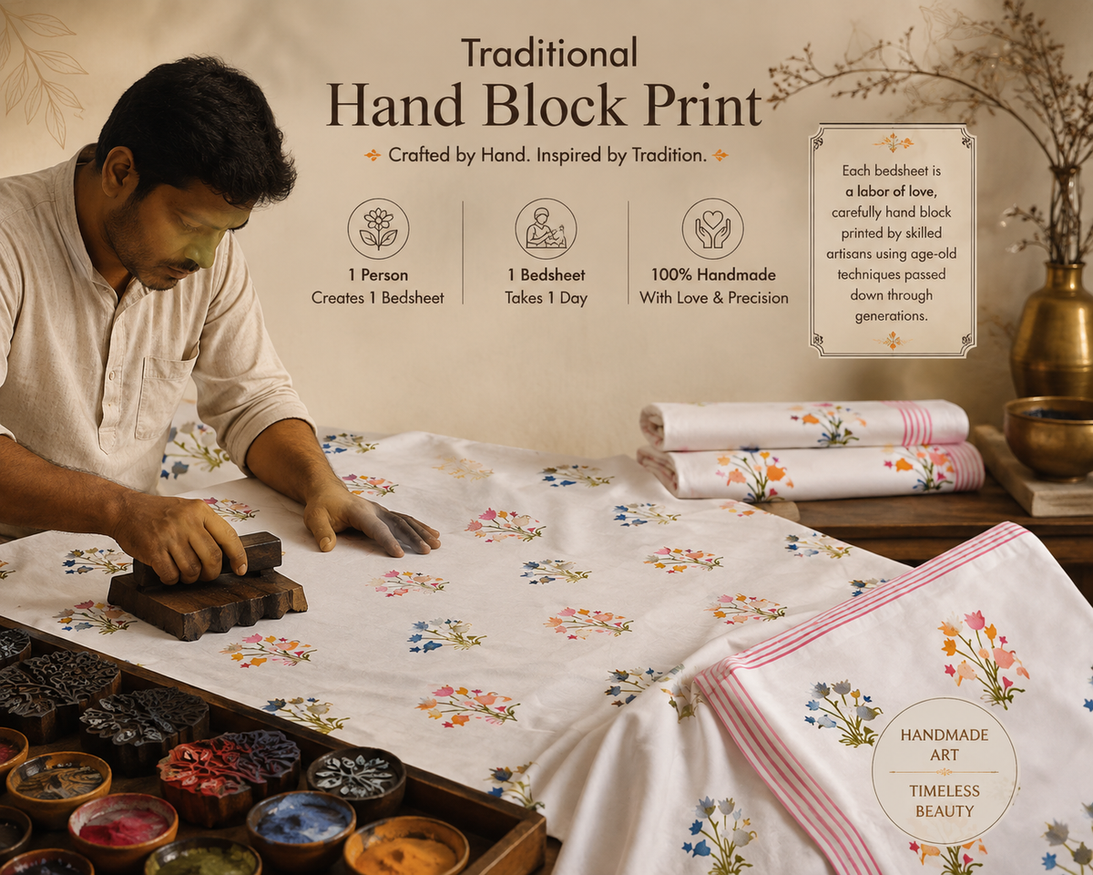 Wildflower Bloom Handblock Percale Cotton Bedsheet Set