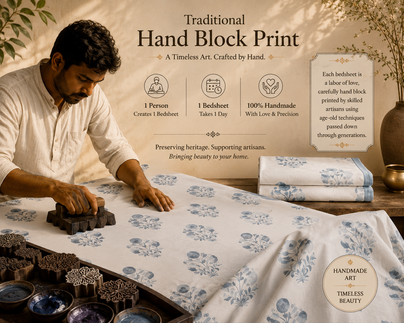 Indigo Heritage Handblock Percale Cotton Bedsheet Set