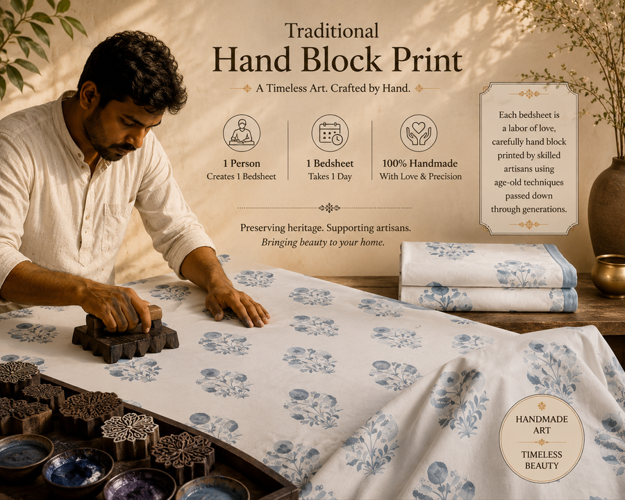 Indigo Heritage Handblock Percale Cotton Bedsheet Set