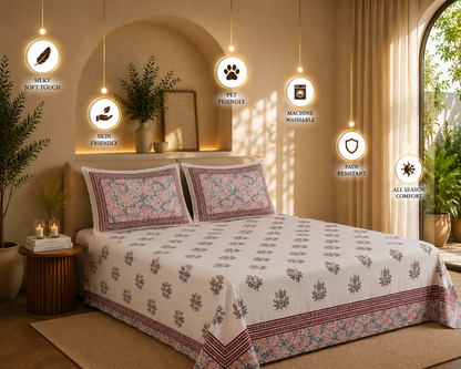 Dreamr Pink Orchard Jaipuri Pure South Cotton Flat Bedsheet Set - Pink Orchard