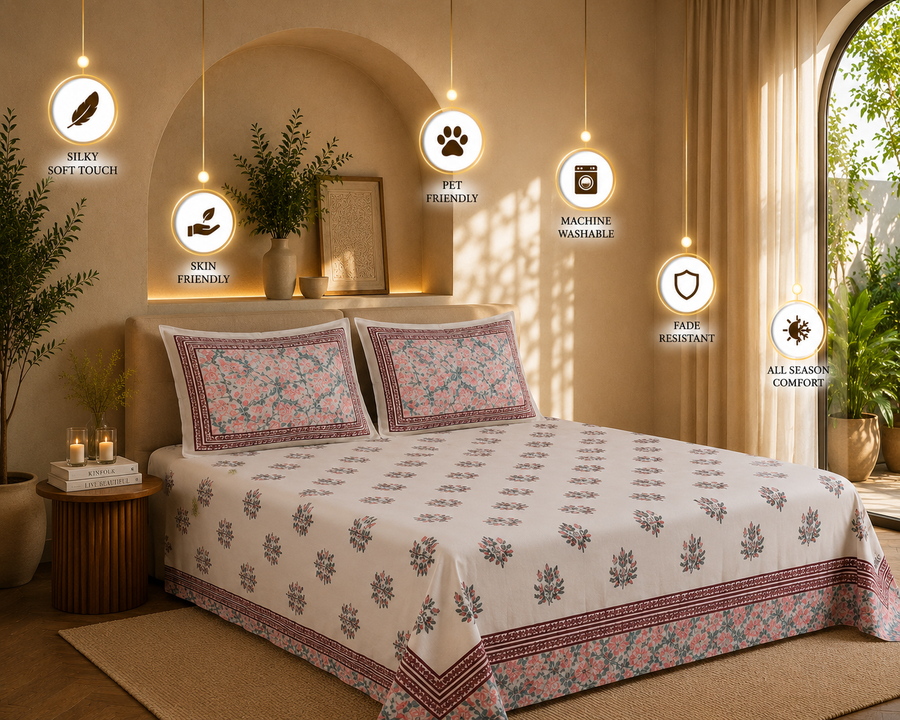 Dreamr Pink Orchard Jaipuri Pure South Cotton Flat Bedsheet Set - Pink Orchard