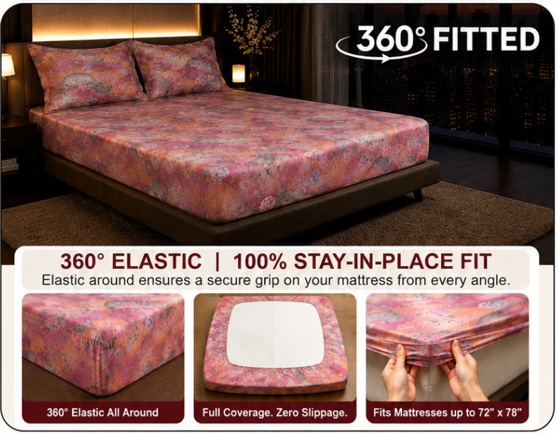 Dreamr Pink Wave Floral Premium Fitted Bedsheet Set