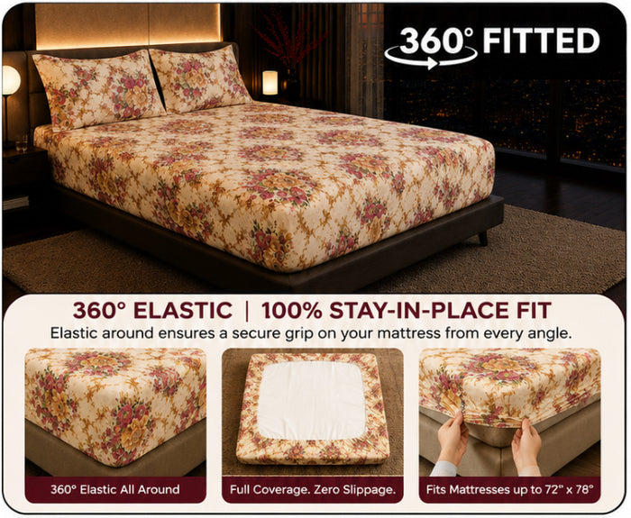Dreamr Vintage Floral Premium Fitted Bedsheet Set