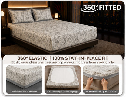 Dreamr Grey Botanical Premium Fitted Bedsheet Set
