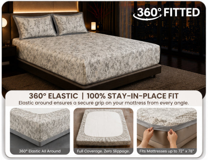 Dreamr Grey Botanical Premium Fitted Bedsheet Set