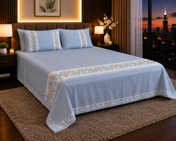Dreamr Azure Vines Jaipuri Pure South Cotton Flat Bedsheet Set -  Azure Blue
