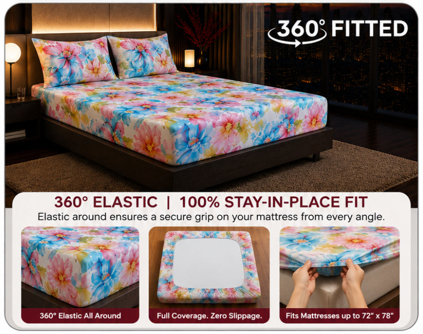 Dreamr Watercolor Blossom Premium Fitted Bedsheet Set