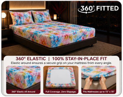 Dreamr Watercolor Blossom Premium Fitted Bedsheet Set