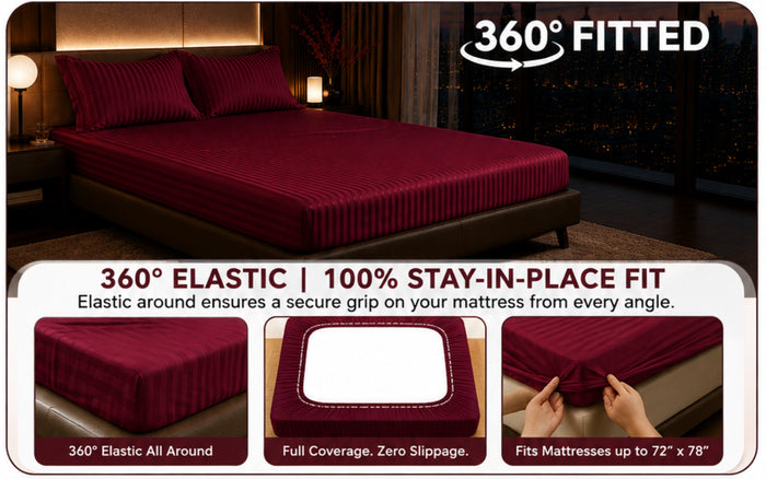 Dreamr Premium Hotel Stripe Fitted Bedsheet Set - Burgundy Wine
