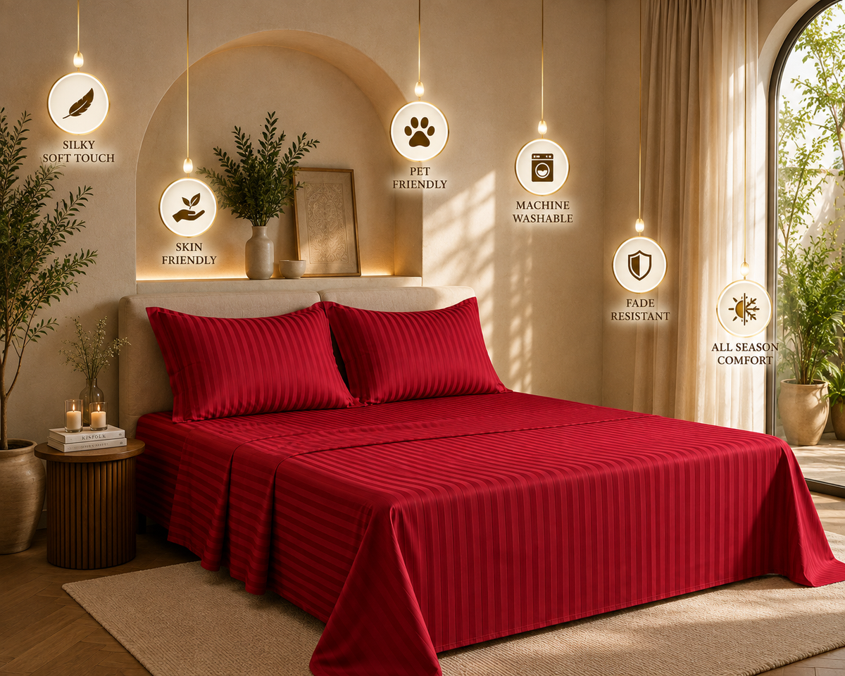 Dreamr Premium Hotel Stripe Fitted Bedsheet Set - Classic Red