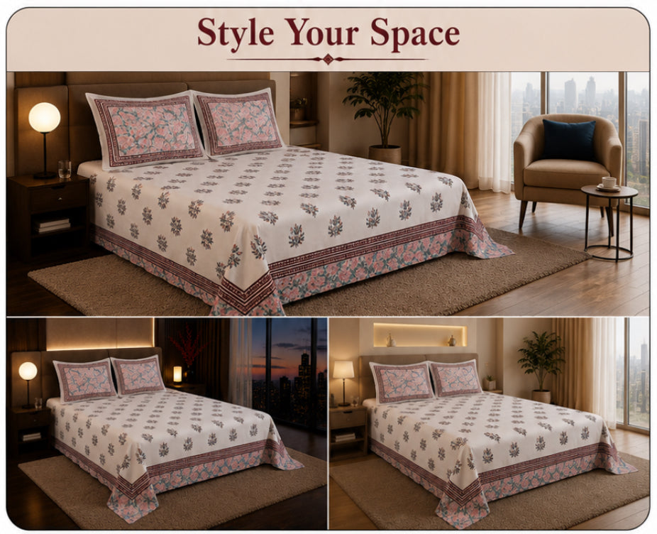 Dreamr Pink Orchard Jaipuri Pure South Cotton Flat Bedsheet Set - Pink Orchard