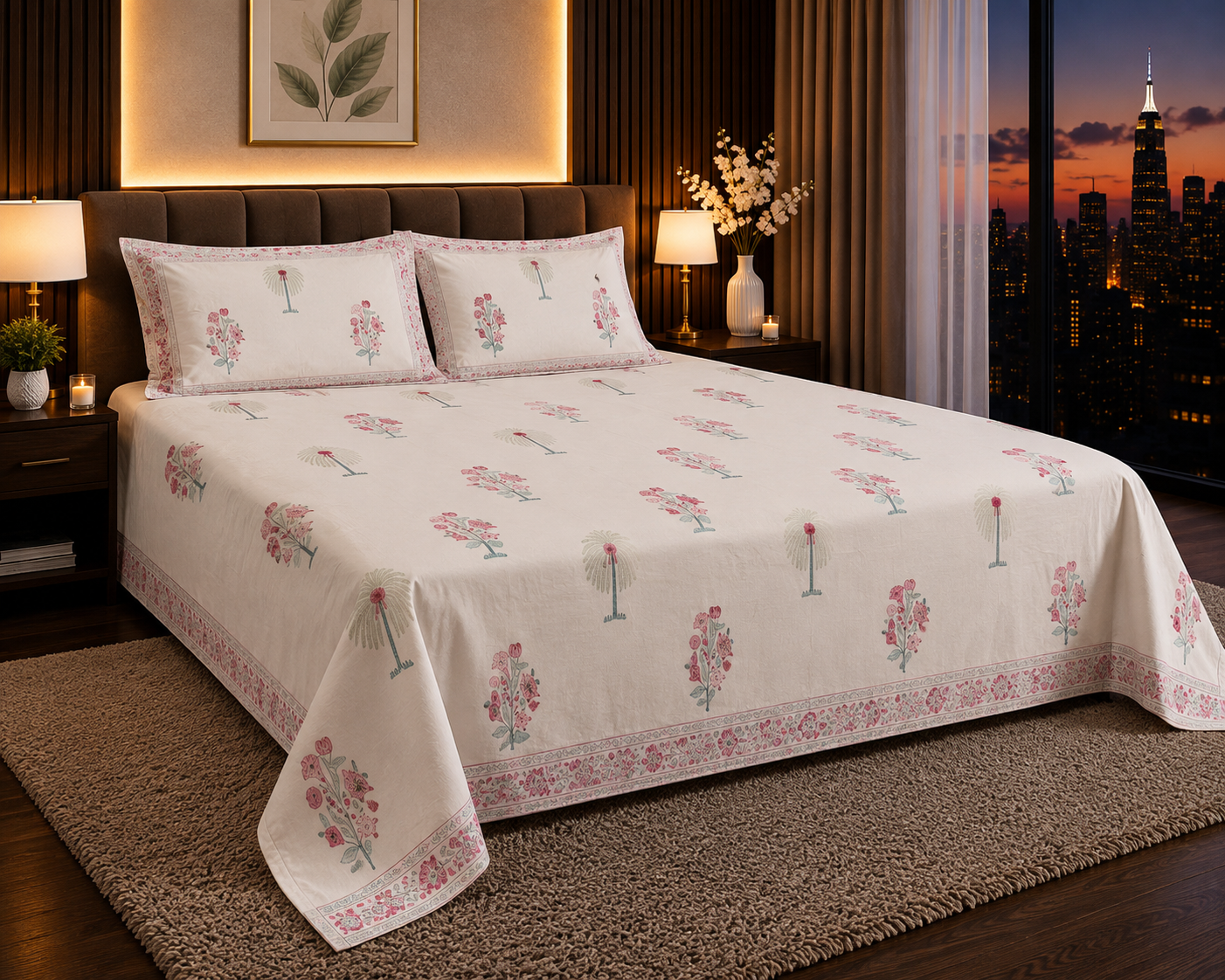 Blush Meadow Handblock Percale Cotton Bedsheet Set