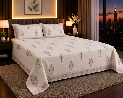 Blush Meadow Handblock Percale Cotton Bedsheet Set