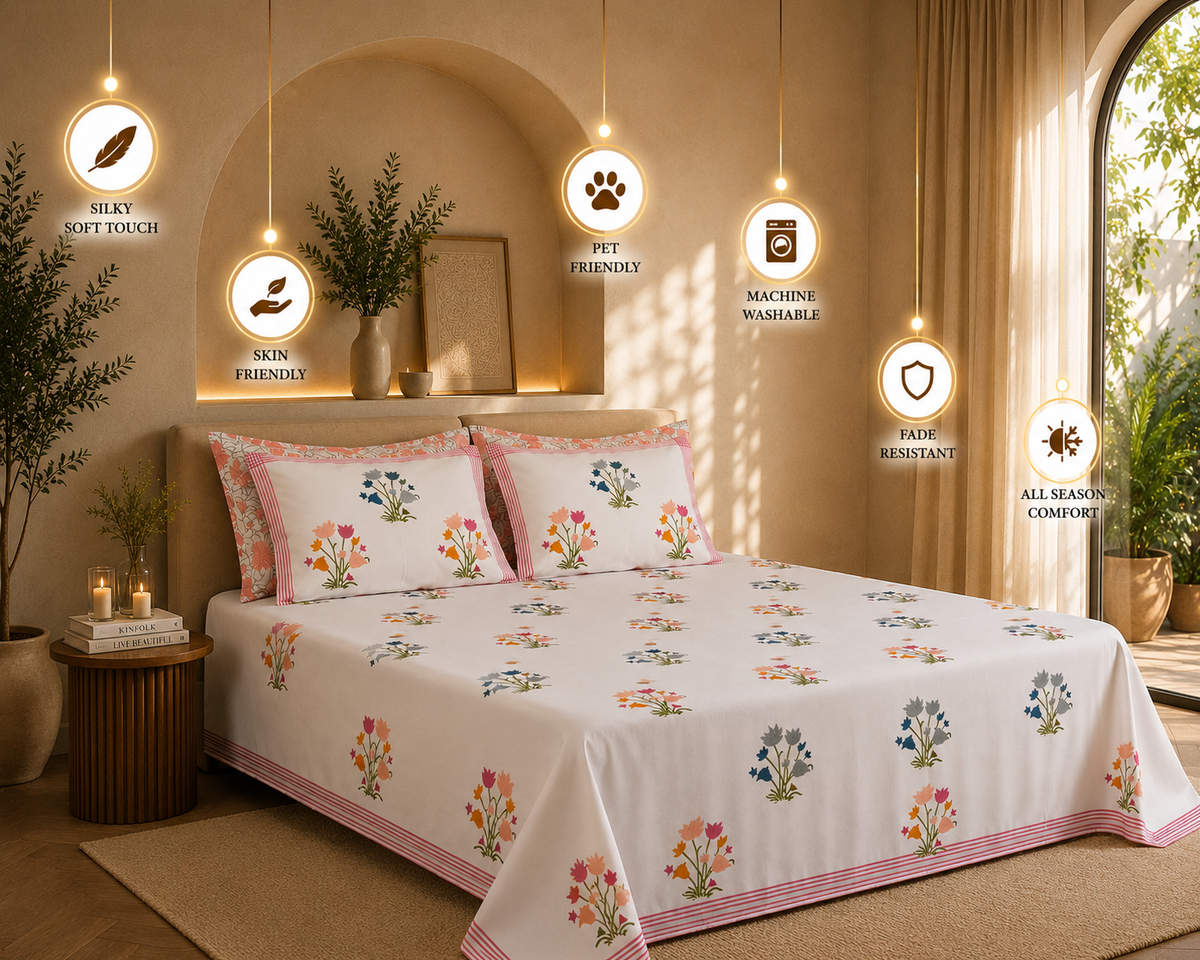 Wildflower Bloom Handblock Percale Cotton Bedsheet Set