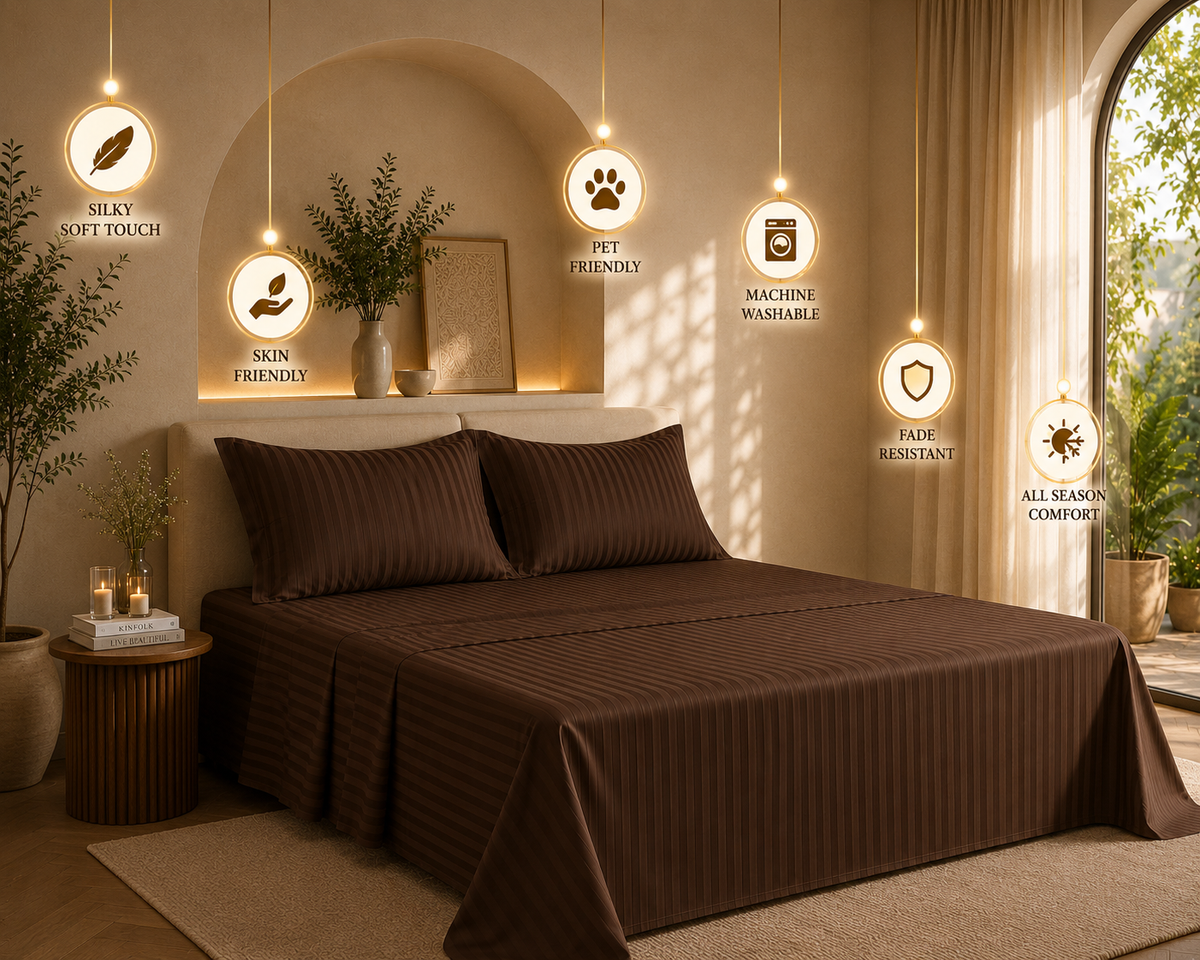 Dreamr Premium Hotel Stripe Fitted Bedsheet Set - Cocoa Brown