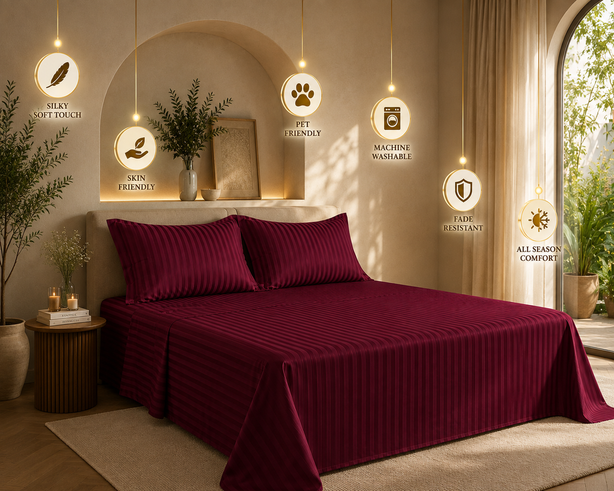 Dreamr Premium Hotel Stripe Fitted Bedsheet Set - Burgundy Wine