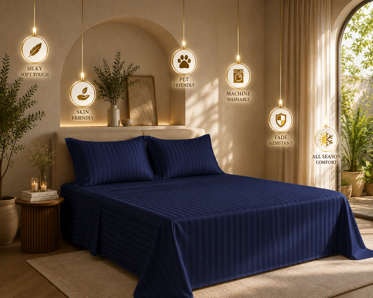 Dreamr Premium Hotel Stripe Fitted Bedsheet Set - Royal Blue