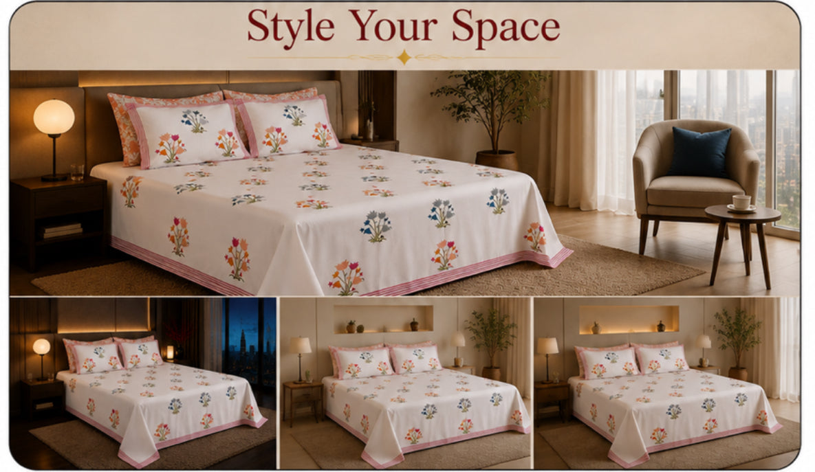 Wildflower Bloom Handblock Percale Cotton Bedsheet Set