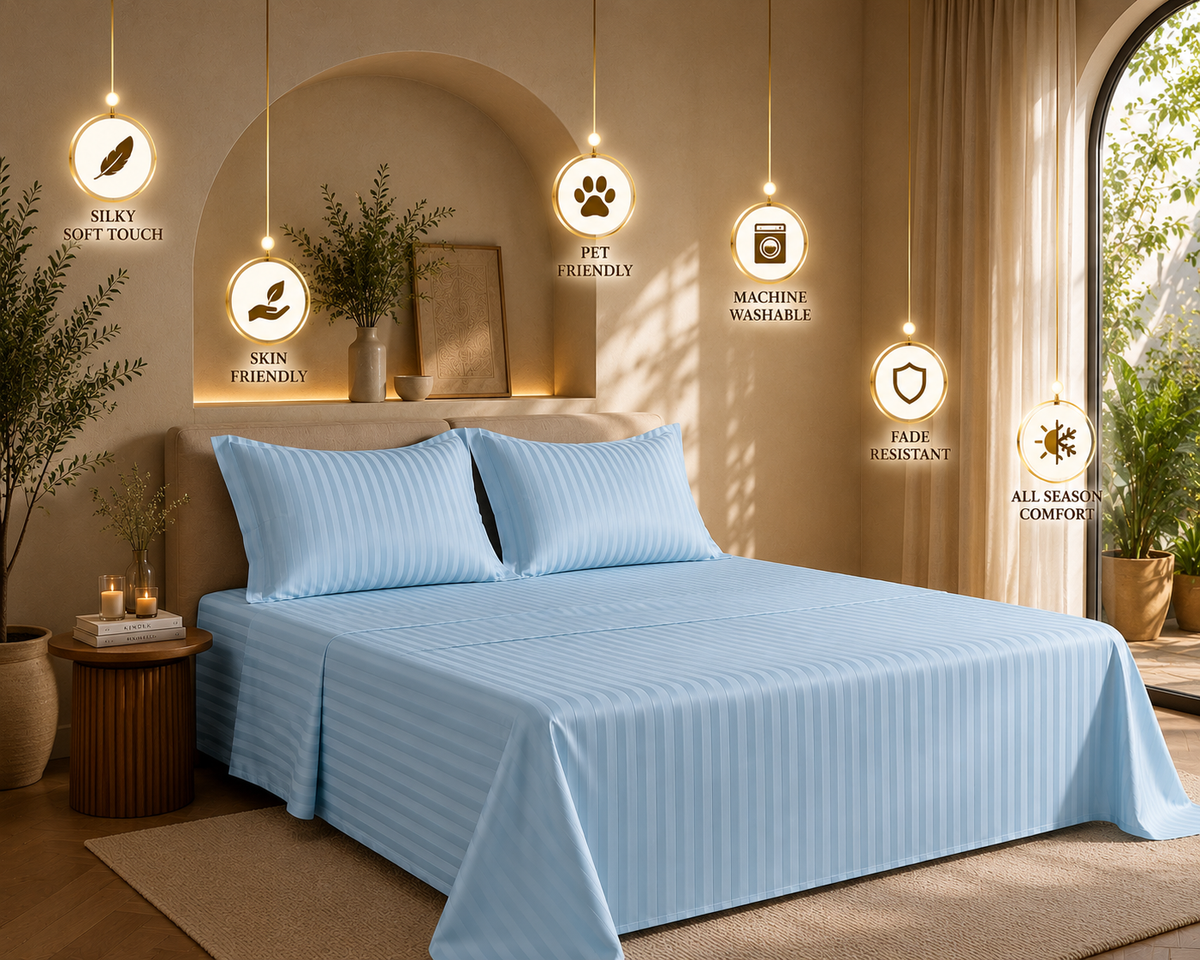 Dreamr Premium Hotel Stripe Fitted Bedsheet Set - Ice Blue