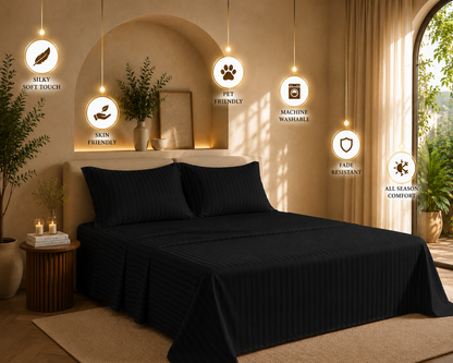 Dreamr Premium Hotel Stripe Fitted Bedsheet Set - Midnight Black