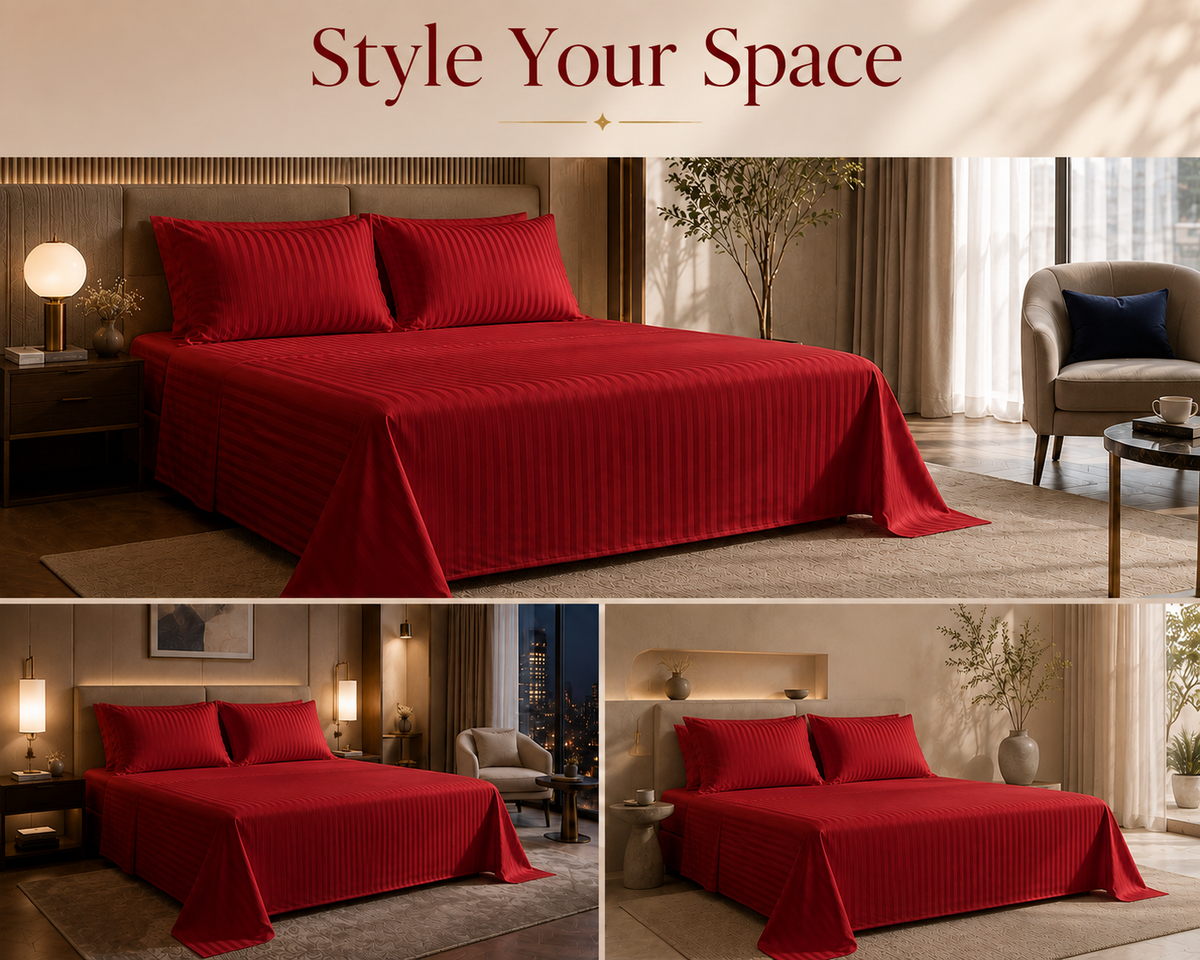 Dreamr Premium Hotel Stripe Fitted Bedsheet Set - Classic Red
