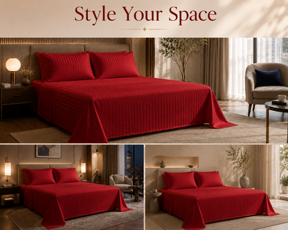 Dreamr Premium Hotel Stripe Fitted Bedsheet Set - Classic Red