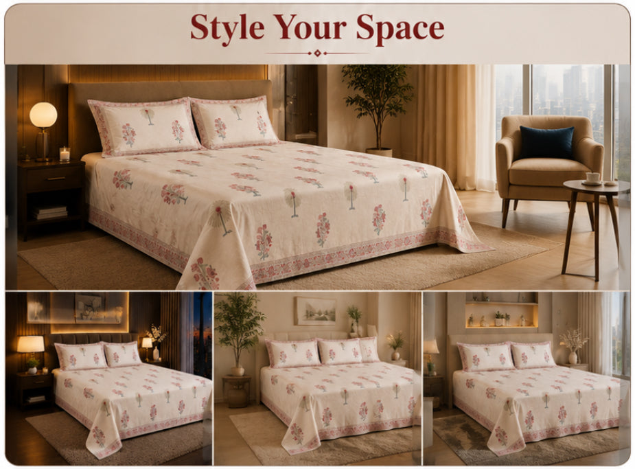 Blush Meadow Handblock Percale Cotton Bedsheet Set