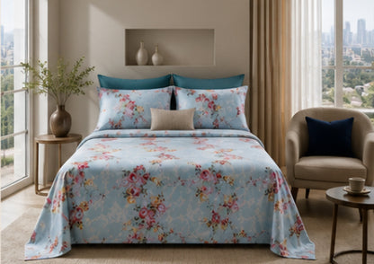 Dreamr Blue Floral Garden Premium Fitted Bedsheet Set
