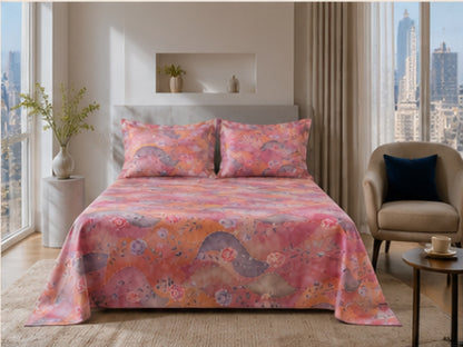 Dreamr Pink Wave Floral Premium Fitted Bedsheet Set