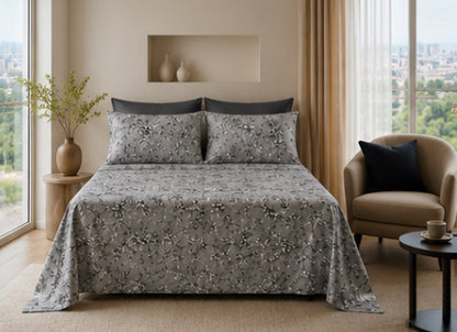 Dreamr Silver Floral Premium Fitted Bedsheet Set