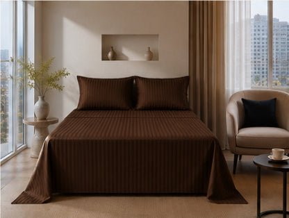 Dreamr Premium Hotel Stripe Fitted Bedsheet Set - Cocoa Brown