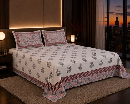Dreamr Pink Orchard Jaipuri Pure South Cotton Flat Bedsheet Set - Pink Orchard