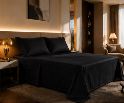 Dreamr Premium Hotel Stripe Fitted Bedsheet Set - Midnight Black